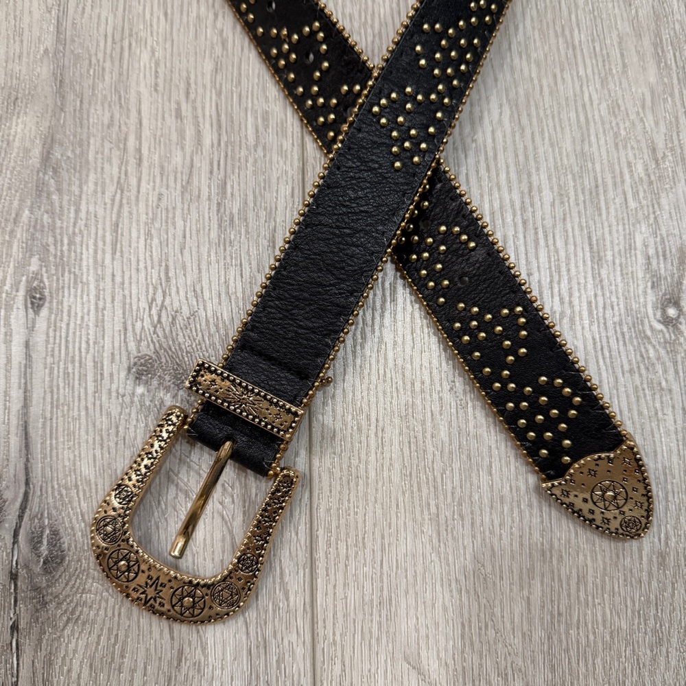 Studded Black and Gold Belt with Celestial Buckle